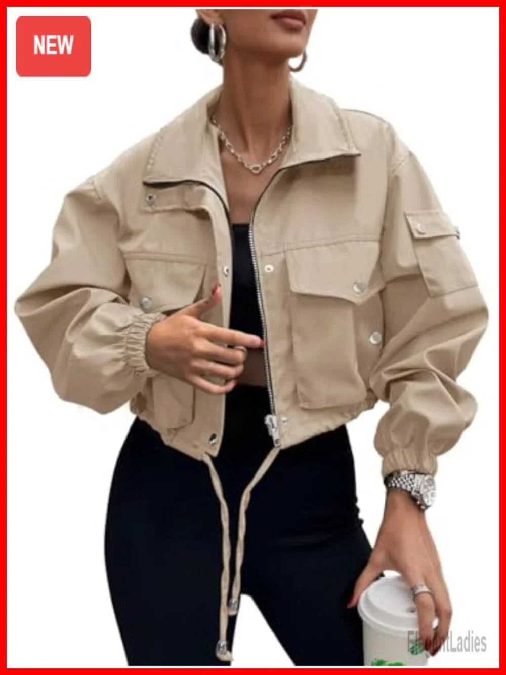 Women's Cropped Bomber Jacket Zip Up Lightweight Utility Cargo Streetwear